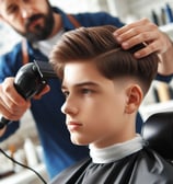 A barber giving a haircut to a boy