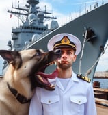 A ferocious dog with its mouth open with a naval officer