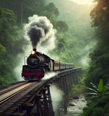 A steam engine train going on a old wooden bridge