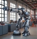 A mechanical laboratory setup featuring a robotic arm and several mechanical components, including precision instruments and metallic structures. The setup appears to be for industrial automation or testing purposes, with a clean and organized environment.