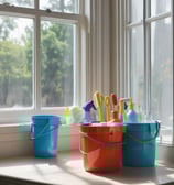 Three individuals engaged in cleaning large glass doors. One person is using a broom or mop to scrub the glass, another is spraying water, and the third person is wearing a hard hat and a safety vest. There are construction materials in the foreground.