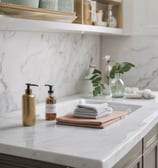 A set of cleaning products is arranged on a light-colored marble surface. The items include two metal spray bottles, a small glass bottle with a liquid, a natural bristle brush, and a cloth with dark stripes. Sunlight filters through leaves, casting dappled shadows on the surface.