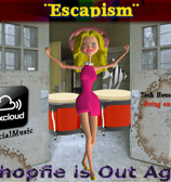 a cartoonish girl, DJ Shopfie,  in a pink dress and hat