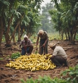 Two people are engaged in processing harvested corn outside a building with a brick wall. One person is wearing a headscarf and checkered clothing, using a tool to shovel corn into a machine. The other person, dressed in a blue jacket, is aiding with the process. Corn cobs and kernels are scattered on the ground.