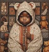 A baby dressed in a cozy outfit with a hood decorated with small animal prints. The baby is looking upwards with wide eyes, sitting on a patterned fabric. The hood features a bear design, and the baby has a small black dot on the forehead. The background includes some soft items, possibly a blanket or pillow.