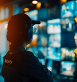 A security professional observing multiple security systems in a dark room with illuminated screens.