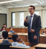 A man in a white t-shirt and khaki pants is speaking into a microphone in a classroom setting. He stands in front of a whiteboard with various words written on it. Several seated individuals are listening attentively, dressed in formal attire.