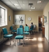 A dental professional is wearing a mask and a blue surgical cap adorned with dental-themed prints. She is looking back towards the camera in a dental clinic setting. Another person in a white uniform is seated in the background near dental equipment. The room is bright and clean, featuring dental chairs and tools.