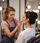 A person with short hair is seated in front of a vanity mirror, having makeup applied by another person. The mirror is surrounded by lights, and there are various cosmetic products and tools scattered on the tabletop. A silver disco ball and framed photograph are visible on the table.