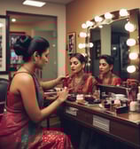A person with long, wavy hair is receiving makeup, being applied with a brush around the eye area. The setting is bright with natural lighting, and a slight smile is present, suggesting a calm and pleasant atmosphere.