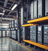 A modern retail store featuring a prominent illuminated logo on the front. The building's large glass facade reveals a spacious interior with a high ceiling and bright lighting. Customers are visible inside, engaged in various activities.