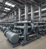 A factory setting with multiple white rectangular machines lined up on a green-tiled floor. Each machine has open compartments with visible wiring and metal components, surrounded by several large tanks and various industrial equipment.