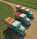 A long line of trucks is parked on a highway. The road stretches into the distance, bordered by rolling hills covered with green vegetation. The sky is cloudy, suggesting overcast weather. One truck is prominently visible with the branding 'euroberry' on its side.