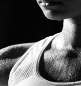 a woman with a black and white photo of her face and body