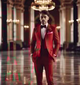 A person wearing an ornate, floral-patterned red jacket is adjusting the pocket square while standing in a clothing store. Various suits hang on racks in the background, creating a sophisticated atmosphere.