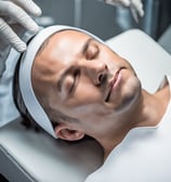 A person lies on a padded table with a gray top, having a beauty or acupuncture treatment. Another person in gloves is delicately performing the treatment, concentrating on the forehead area. The setting is calm, with a textured rug beneath the table and a soft pillow for comfort.