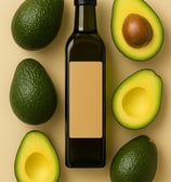 Glossy dark glass bottle of avocado oil surrounded by fresh whole and halved avocados, neatly arrang
