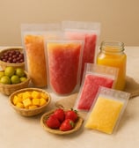 Assorted frozen fruit pulp bags and a glass jar of juice surrounded by fresh limes, grapes, mango cu