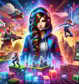 Gaming website banner featuring a female gamer in a hoodie and headset, surrounded by Fortnite, Mine