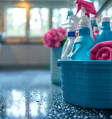 Home cleaning products inside a blue bucket on the floor