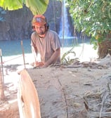 arborist cutting up a large log with a chainsaw by a waterfall