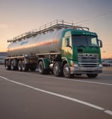 A large industrial fuel tanker truck is parked at a loading station. The truck is positioned under a roofed structure with supporting pillars. There are two visible tanks labeled 'Industri' and 'Solar'. Nearby, a fire extinguisher is mounted on a platform. There are traffic cones and safety signs present, suggesting a controlled environment. Some people are present in the background, wearing work-related clothing.