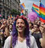 A group of people participating in a demonstration, with several holding signs advocating for transgender rights. The signs include messages of support and acceptance, such as a prominent one that reads 'Some people are trans, get over it!!' The crowd is diverse, and one individual stands out with a unique outfit that includes a pink knitted mask.