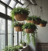 A well-organized indoor garden shop filled with various potted plants and flowers. A large wooden table displays an array of vibrant floral arrangements, ferns, and succulents. There are decorative ceramic pots and vases, a book open to a page on floral design, and a small chalkboard sign with plant information. Wooden shelves and ladders line the walls, holding additional plants and garden ornaments.