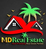 A home with a coconut tree and birds flying describing a real estate business logo