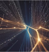 A large, modern building with a prominent red logo of a financial institution on its façade. The building has a geometric and industrial design, surrounded by other urban structures. A rooftop with various equipment and antennas can be seen, along with a cityscape in the background.