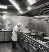 A professional kitchen with chefs at work wearing white uniforms and tall hats. Large pots are steaming, and the stove is actively in use with visible flames. The busy atmosphere suggests the preparation of a meal with various equipment visible in the background.
