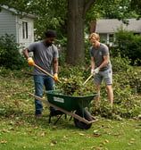 Two men clearing out yard debris from a customer's lawn.
