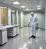 A group of people inside a room engage in cleaning or maintenance activities. One person sweeps the floor with a broom while others stand and observe, smiling or gesturing. The room has wooden structures and a child rests on a bed nearby.