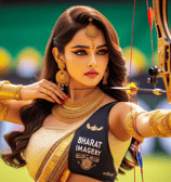 a woman in a sari outfit is holding a bow