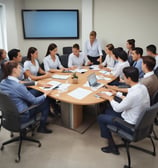 a group of people sitting around a table with papers and papers