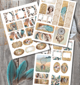 a collection of boho inspired ephemera featuring feathers, flowers, and imagery in muted tones.