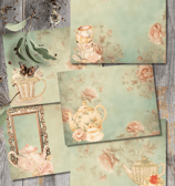 Journal background papers in light blue with pale pink flowers featuring tea related images