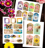 Printable vintage-style tags and labels featuring flowers, bees, butterflies, and watercolor accents