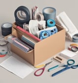 A collection of office supplies neatly arranged, including Avery label and card packages. The items are stored on a shelf and organized upright against a mesh divider. Various colors and sizes of packaging are visible, with text such as 'EcoFriendly' and product numbers.