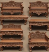 A woodworking shop with stacks of cut wooden boards organized on a surface. In the foreground, a uniquely shaped carved wooden piece stands upright. Behind, multiple planks of varying sizes are stored horizontally on racks.