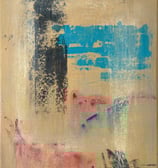 Abstract artwork in ochre with black and azure marks