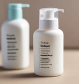 A skincare product labeled 'Beauty Counter' placed in a scalloped white dish, sitting on top of a glossy magazine with fashion imagery. Accompanying accessories include a curved gold chain and large hoop earrings, all set against a white, furry background.