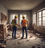 People are working on the interior renovation of a room that appears to be under construction. A worker on a scaffold is painting the ceiling, while others are seated or discussing the progress. The room has smooth, gray walls with arched recesses and a modern design vibe. There are tools and materials scattered around, including a ladder, paint cans, and some rocks or construction debris on the floor. Overhead, stylish pendant lights provide illumination as natural light streams in from windows.