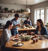 A container of organic pea protein powder sits on a kitchen counter alongside freshly baked muffins and scattered blueberries. The scene is set on a wooden cutting board, surrounded by a striped kitchen towel and a muffin tray. The overall setting suggests a cozy home kitchen environment.