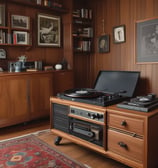 A person is adjusting a vintage record player in what appears to be an antique shop or collection room. The walls are adorned with various paintings, including landscapes and portraits. Shelves are filled with classical busts, candlesticks, and vases. Musical instruments like guitars are visible, as well as decorative objects, such as a red toy with large eyes in the foreground.