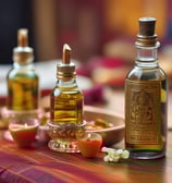 Three white cylindrical skincare product bottles are arranged on a white background with subtle leaf patterns. Each bottle has minimalist black text and logos, conveying a clean and modern aesthetic.