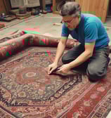 An intricately woven carpet with floral and geometric patterns. The design includes flowers, leaves, and symmetric motifs in blue and beige colors set against a brown background.
