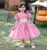 a little girl in a pink special occasion party dress