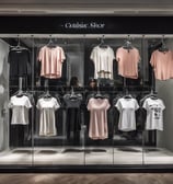 showcase with various models of t-shirts