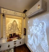 A serene home temple featuring a glowing Lord Shiva backdrop, intricate carvings, traditional bells,